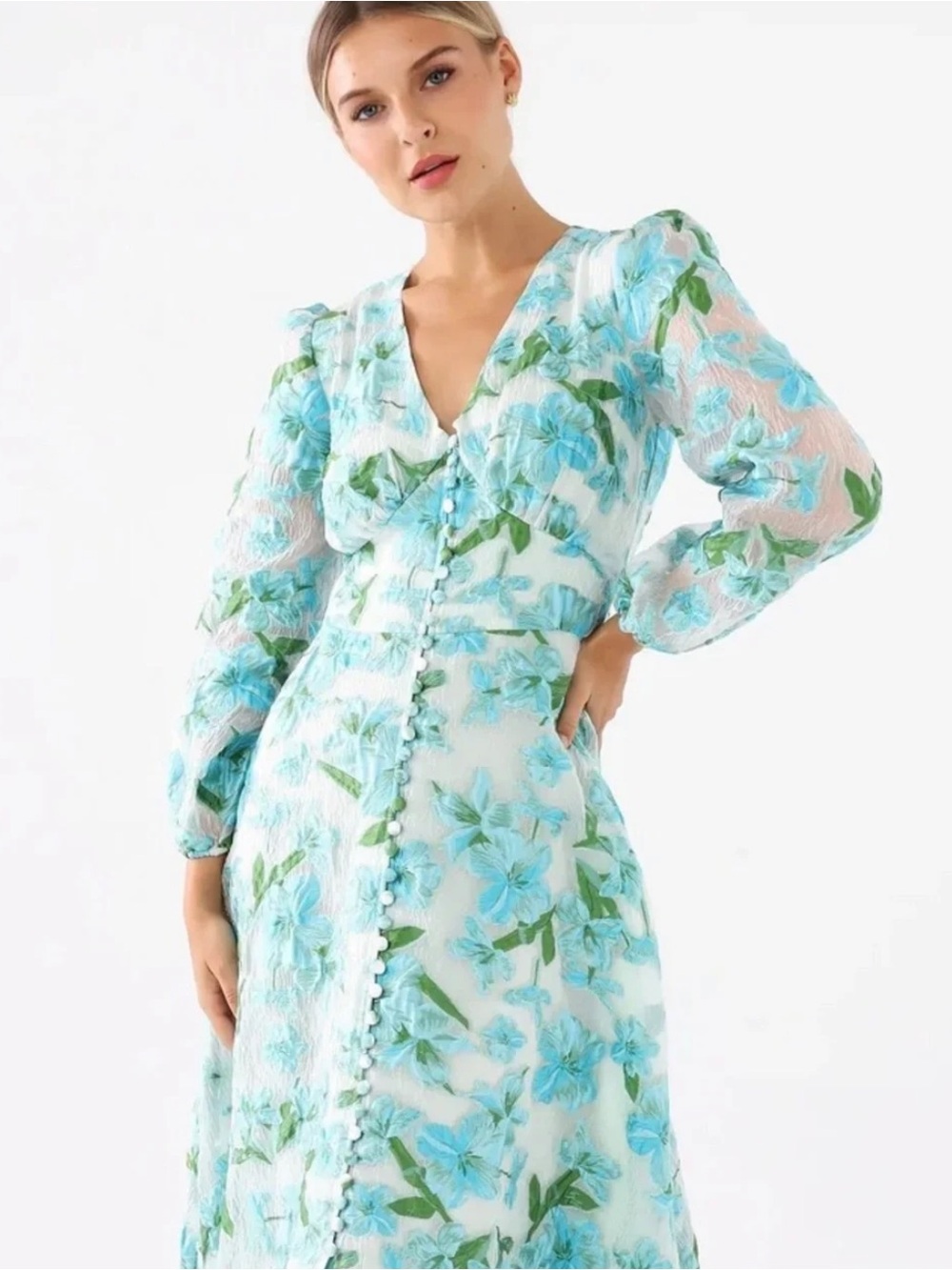 ABBEY GLASS BROOKE TROPICAL TURQUOISE ORGANZA V-NECK LONG SLEEVE MIDI DRESS